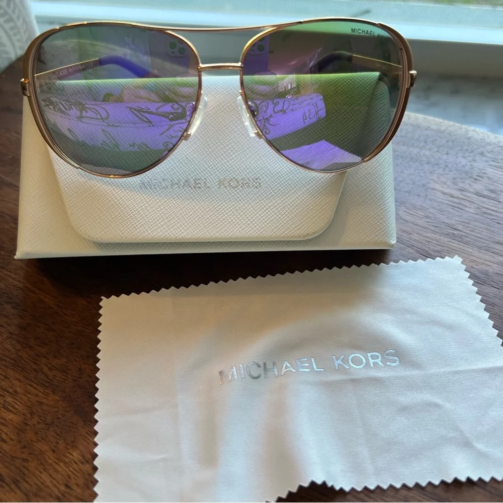 Michael Kors Rose Gold Aviator Frame Sunglasses with Purple Lenses - Picture 3 of 7